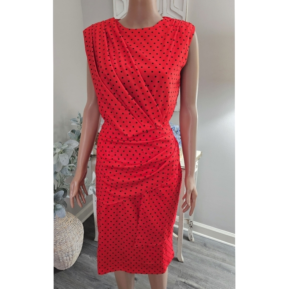 Retro Floryday Red & Black Polka Dot Waist Gathered Open back Sheath Dress - Picture 3 of 9